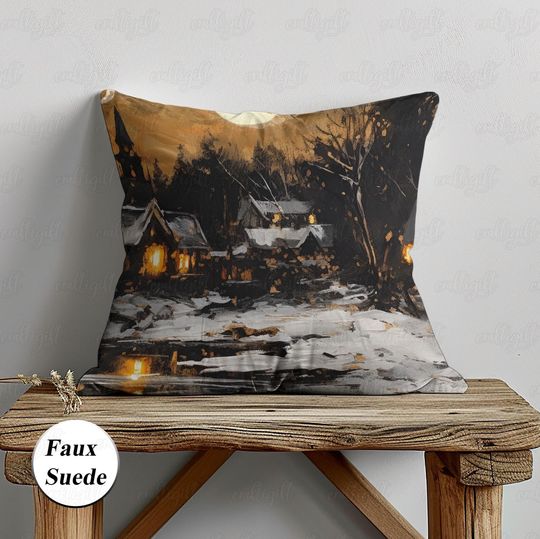 Discover Snowy Farmhouse Night Sky Pillow, Cottage Let It Snow Pillowcase, Rustic Christmas Night Town Cushion, Xmas Bedroom Sofa Couch Decor, MYC860