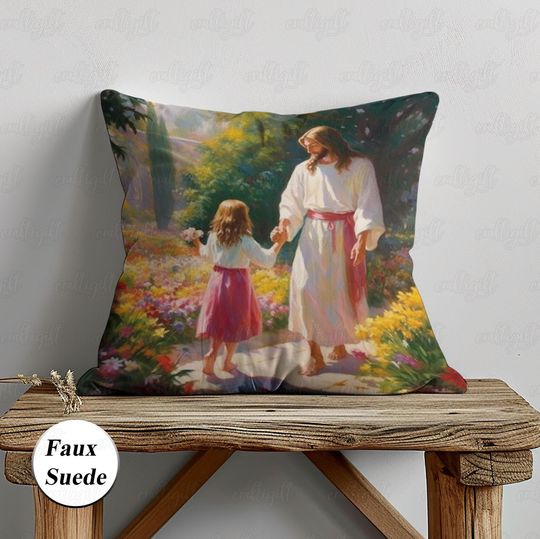 Peaceful Jesus And Child Pillow, Jesus With Kid Pillowcase, Garden Landscape Cushion Cover, Faith Based Christmas Sofa Couch Decor, MYC845
