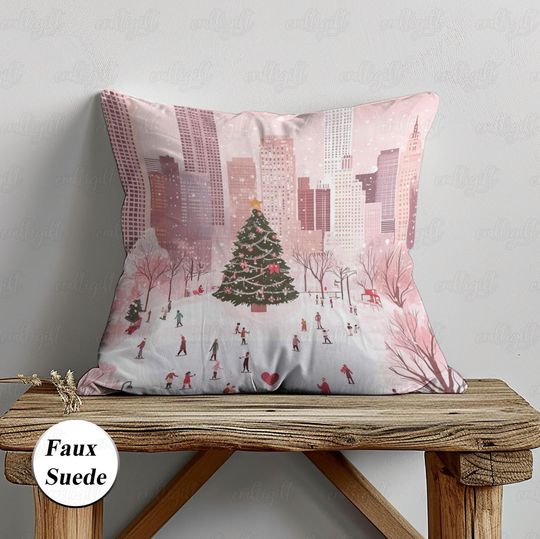 Discover Christmas Festive Celebration Pillow, Pink Cityscape Pillowcase, Winter Ice Skating Xmas Cushion, Romantic Christmas Couple Decor, MYK039