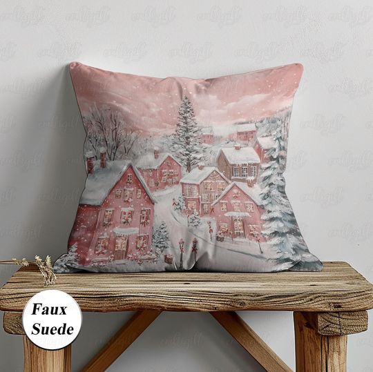 Discover Pink Snowy Village Landscape Pillow, Pink Christmas Town Pillowcase, Winter Countryside Cushion Case, Xmas Festive Living Room Decor, MYK015