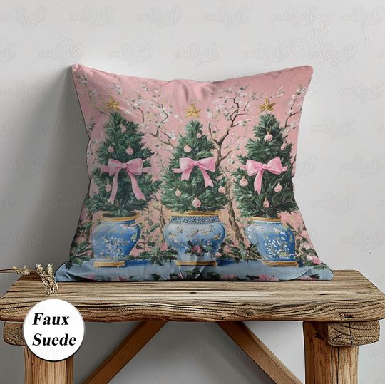 Discover Pine Tree In Vase Cute Pillowcase, Vintage Pink Bow Christmas Cushion, Floral Xmas Pillow Cover, Christmas Mom Grandma House Decor, MYK038