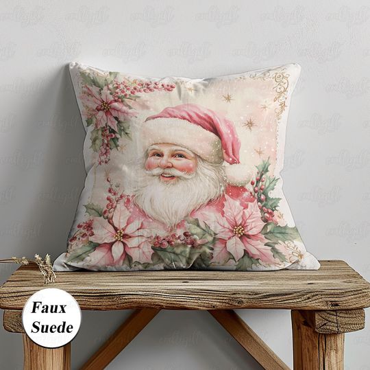 Discover Pink Themed Santa Face Pillow, Santa Claus Christmas Pillowcase, Cherry Holly Xmas Cushion Cover, Cozy Xmas Holiday Kids Girls Gifts, MYK036