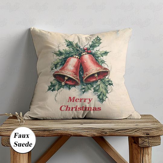 Discover Golden Christmas Bells Pillow Case, Christmas Cherry Holly Pillow, Retro Xmas Pine Leaf Pillow Cover, Festive Winter Couch Decor, MYK024