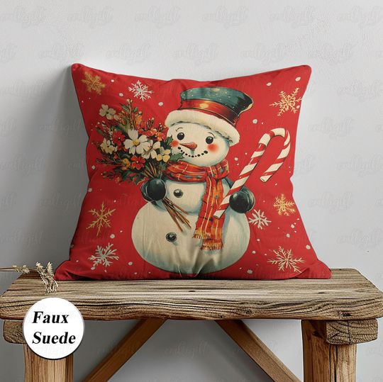 Discover Snowman With Flowers Pillow Case, Christmas Snowman Holiday Pillow, Cute Winter Festive Cushion Sofa Decor, Snow Man Indoor Decor, MYK023