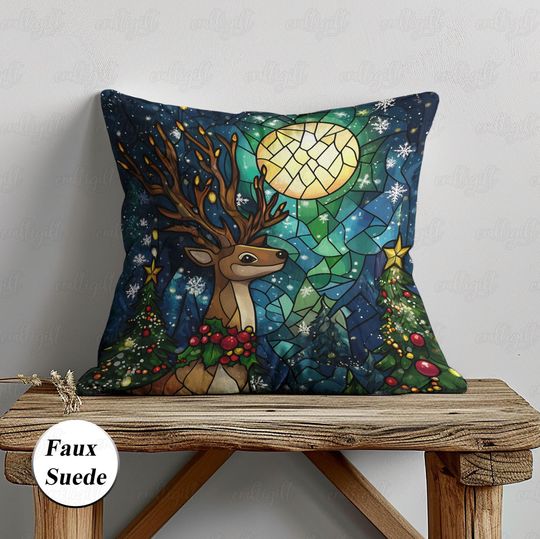 Discover Reindeer Holiday Night Pillow Case, Christmas Deer Holly Pillow, Xmas Pine Tree Cushion Cover, Cozy Winter Festive Living Room Decor, MYK030