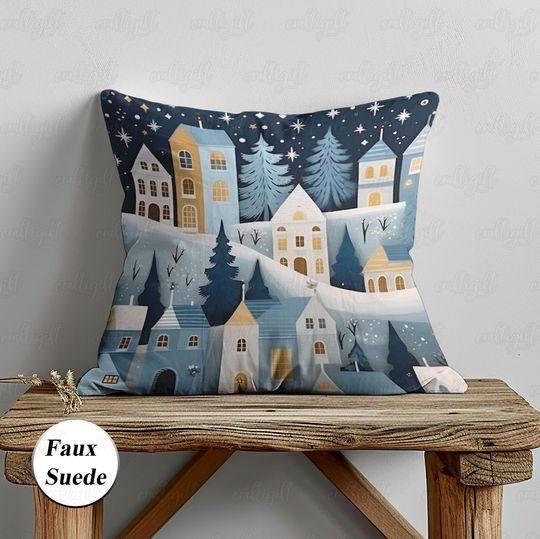Discover Blue City Christmas Night Pillow, Snowy Town Wonderland Pillowcase, Doodle Pine Tree Snowflake Pillow, Xmas Sofa Couch Bed Decor, MYK033