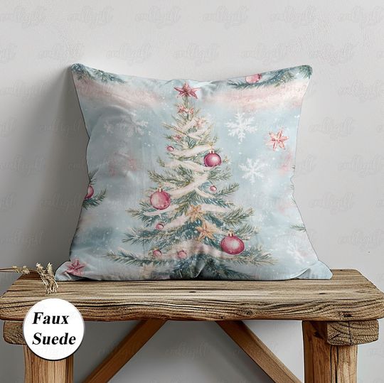 Discover Christmas Tree Pillow Cover, Pine Tree With Baubles Pillow, Winter Festive Snowflake Cushion Case, Pastel Noel Themed Sofa Bed Decor, MYK013