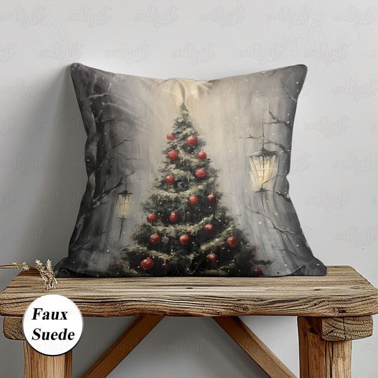 Discover Christmas Tree With Bauble Retro Pillow, Watercolor Snowy Xmas Pillow, Christmas Night Land Cushion, Cozy Holiday Living Room Decor, MYJ971
