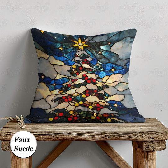 Stained Glass Christmas Tree Pillow, Pine Tree With Baubles Pillow, Blue Xmas Night Sky Cushion Cover, Winter Holiday Family Gifts, MYK028