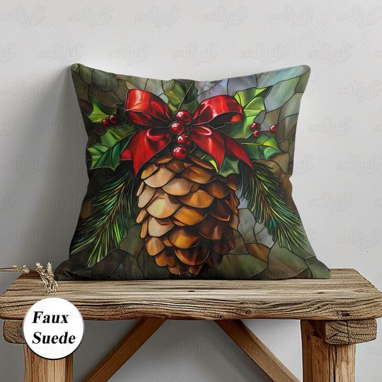 Pine Cone With Red Bow Pillow, Christmas Ribbon Pine Tree Pillow, Stained Glass Style Pillow, Xmas Cherry Holly Pillowcase Sofa Decor,MYK027