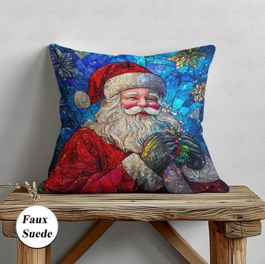 Holiday Santa Claus Pillowcase, Stained Glass Christmas Cushion Cover, Winter Snowflake Xmas Holly Pillow, Santa Claus Noel Decor, MYK029
