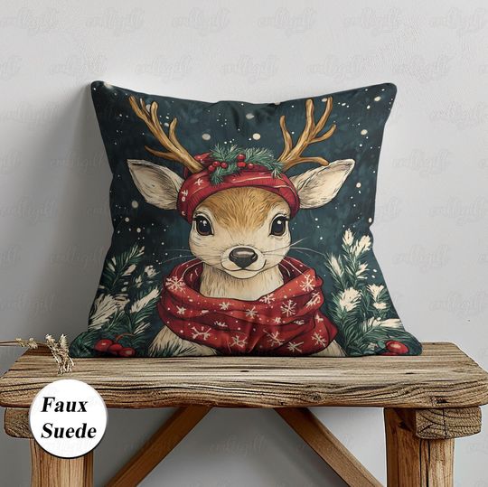 Discover Cute Christmas Deer Pillow Case, Xmas Baby Reindeer Pillow Cover, Christmas Kawaii Pine Holly Cushion, Winter Wildlife Home Decor, MYK032