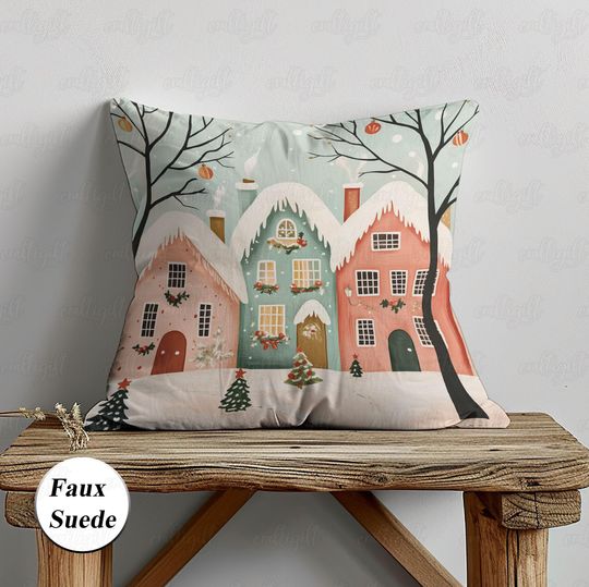 Discover Snowy Winter Village Pillow Case, Pastel Christmas Town Pillow Cover, Festive Cozy Holiday Cityscape Pillow, Sweet Noel Sofa Decor, MYK010