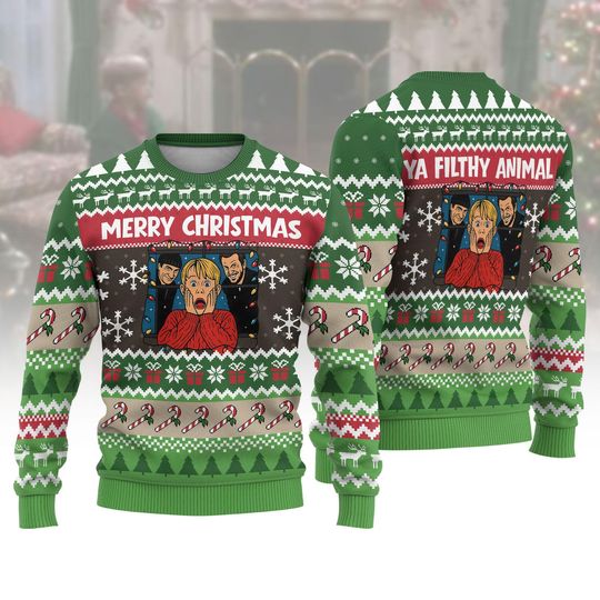Funny Christmas Movie Sweater, Retro 90s Ugly Xmas Jumper, Merry Christmas Ya Filthy Animal, Holiday Party Sweater for Men and Women