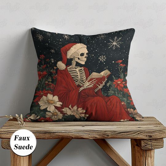 Discover Xmas Skeleton Reading Book Pillow, Christmas Nightmare Bookish Pillow, Goth Night Landscape Cushion, Winter Season Reader Sofa Decor, MYK009