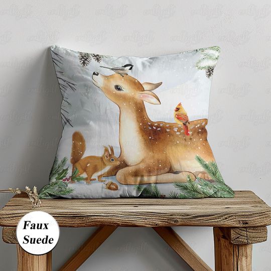Discover Winter Forest Animal Friendship Pillow, Christmas Wildlife Cushion Cover, Deer Bird Rabbit Xmas Pillowcase, Tis The Season Decor, MYJ965