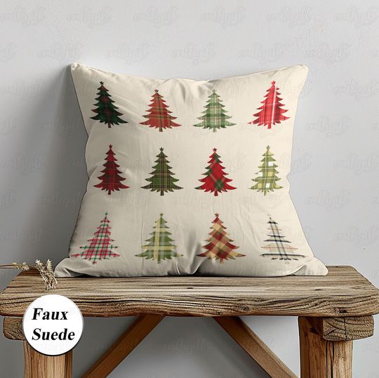 Discover Christmas Pine Tree Pillowcase, Xmas Pastel Vintage Cushion, Pine Forest Checkered Pillow, Winter Cozy Holiday Decor, Family Gifts, VTB273