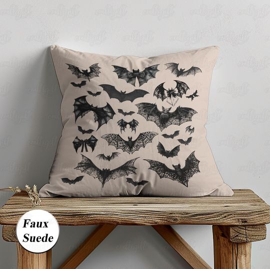 Gothic Girly Bat Wings Pillow, Black Bow Bat Halloween Pillowcase, Dark Coquette Bats Cushion Cover, Cute Spooky Autumn Indoor Decor, BYA847