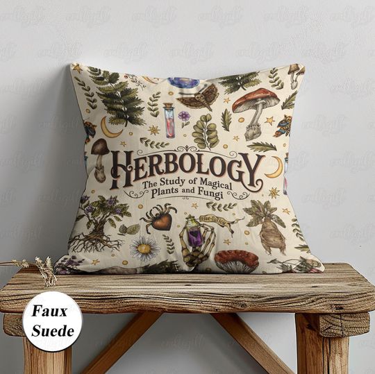 Herbology Plants And Fungi Pillow, Magical Woodland Cushion Cover, Enchanted Vegan Botanical Pillowcase, Witchy Bed Sofa Indoor Decor,BYA841