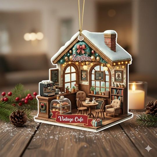 Discover Custom Name Vintage Caf Ornament, Personalized Coffee Shop Ornament 2025, Cozy Christmas Ornament for Coffee Lovers, Mini Cafe Decor Gift