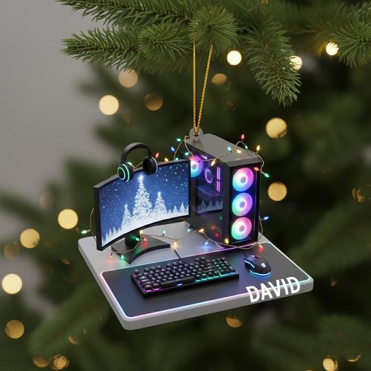 Discover Personalized Gamer PC Ornament, Custom Gaming Computer Christmas Decoration with Name, RGB Lights Desk Setup Gift for Gamers