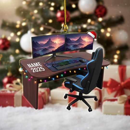 Discover Personalized Gaming PC Ornament 2025, Custom Name RGB Computer Setup Christmas Tree Decor, Tech Gift For Gamer