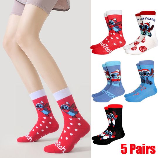 Discover 5 Pairs New Winter Women Christmas Socks Cartoon Stitch Long Socks Anime Creative Men‘s Socks Cosplay Outdoor Funny Couple Socks