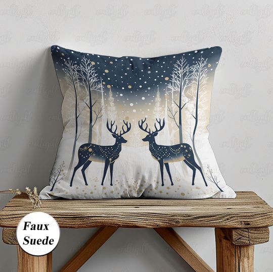 Discover Reindeer Couple In Snowy Forest Pillow, Retro Winter Town Village Pillow, Xmas Holiday Deers Cushion Case, Christmas Indoor Decor, MYI996