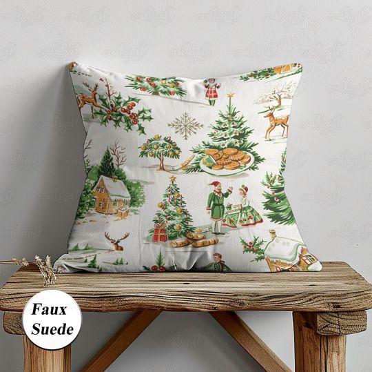 Discover Retro Christmas Ginger Cookies Pillow, Holiday Reindeer Pine Tree Pillowcase, Xmas Wonderland Pillowcase, Winter Snowy Forest Pillow, MYI994