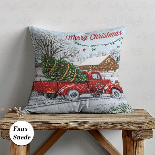 Discover Red Truck Farmhouse Christmas Pillow, Christmas Tree Pillow Case, Snowy Winter Village Cushion Cover, Merry Xmas Family Dinner Gift, MYI993
