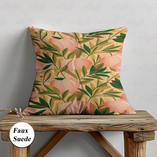 Discover Tropical Peaches Botanical Woven Pillow, Sweet As A Peach Pillow, Retro Farmhouse Decor Peach Pillow, Cottagecore Fruit Pillow Decor, MYI296
