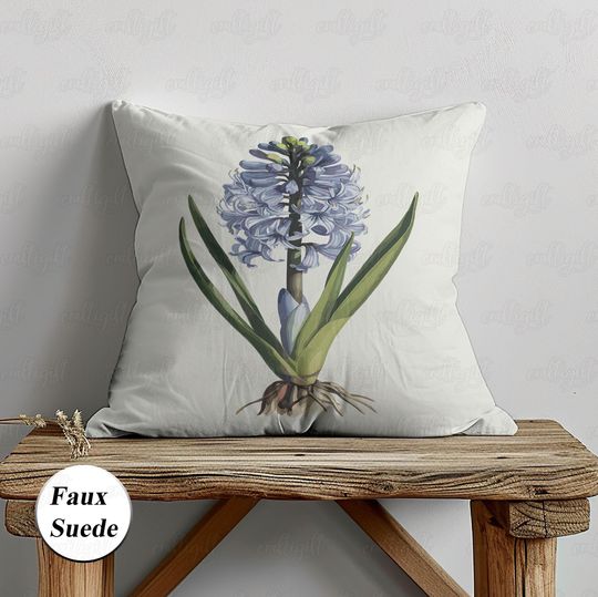 Discover Vintage Blue Hyacinth Flower Pillow, Watercolor Hyacinth Botanical Cushion Pillow, Cottagecore Accent Floral Decor Gift Pillow Case, MYI291