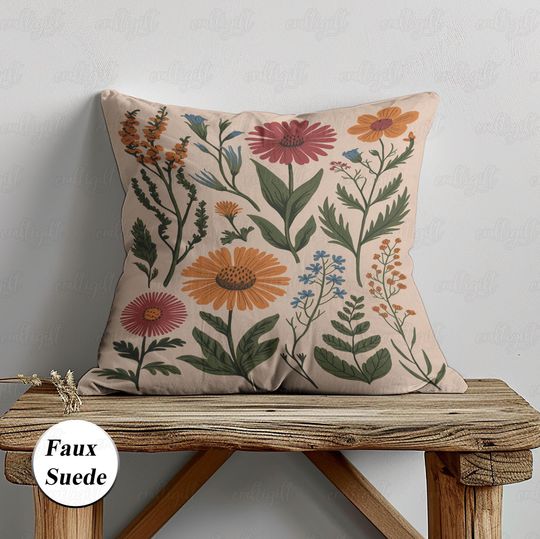 Discover Farmhouse Wildflowers Floral Woven Pillow, Retro Floral Daisy Accent Pillow Case, Whimsical Cottagecore Botanical Decor Gift Pillow, MYI295