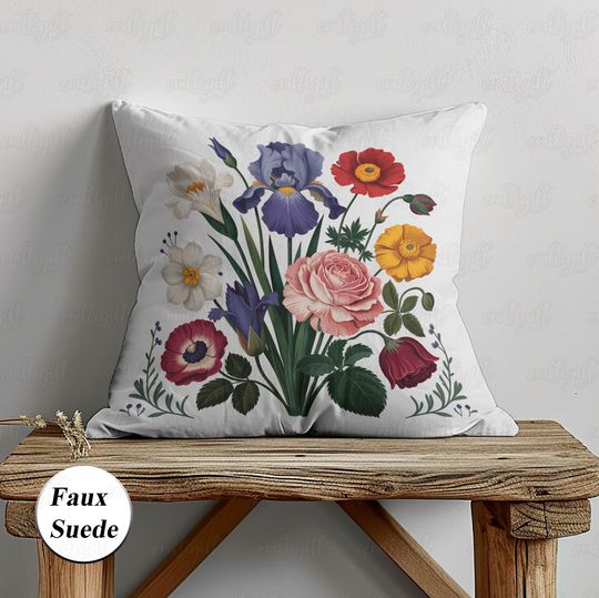 Discover Nostalgia Flowers Bouquet Pillow Cover, Iris Peony Poppy Daisy Floral Pillow, Retro Flowers Garden Pillow Case, Farmhouse Decor Gift, MYI299