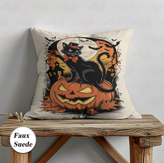 Halloween Bat Black Cat Pillow, Spooky Season Black Cat Pillow, Haunted House Spooky Scary Pumpkin Pillow, Autumn Fall Decor Pillow, MYI317