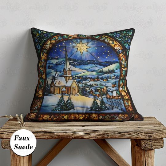 Christmas Cathedral Night Scene Pillow, Xmas Star Of Bethlehem Pillow, Stained Glass Style Cushion, Snowy Town Pillow Winter Gifts, MYK026