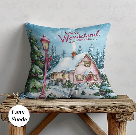 Discover Pink Christmas Village Snowy Day Pillow, Countryside Square Pillow, Cozy House Winter Holiday Season Cushion, Xmas Pillow Cover Gift, MYK007