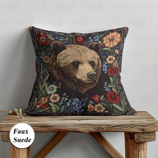Discover Cottagecore Floral Bear Pillow, Woodland Animal Brown Bear Pillow, Forestcore Bear Woven Pillow, Whimsical Floral Faux Suede Pillow, MYC008