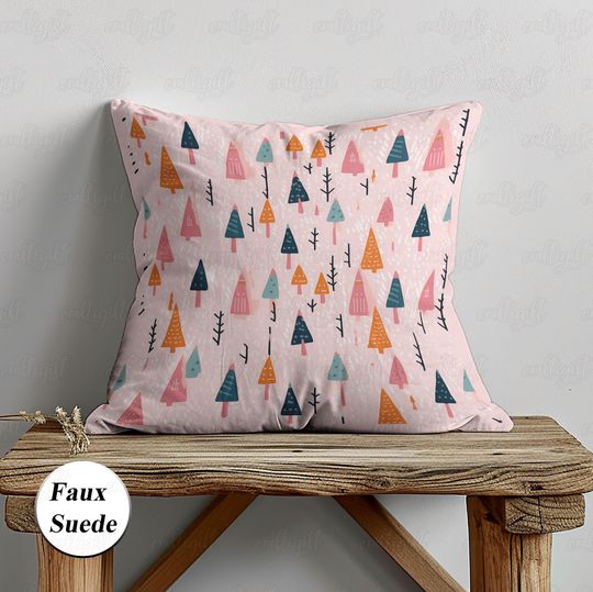 Discover Doodles Pink Christmas Pillow, Cute Christmas Tree Pillowcase, Pink Pine Forest Cushion Case, Xmas Winter Holiday Sofa Couch Decor, MYI980