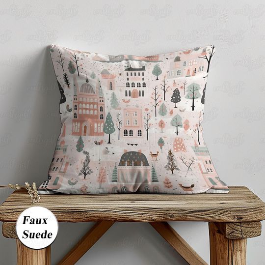 Discover Pastel Pink Village Christmas Pillow, Cozy Winter Countryside Pillow Cover, Cute Christmas Animals Pine Tree Pillow, Xmas Girl Gift , MYI990
