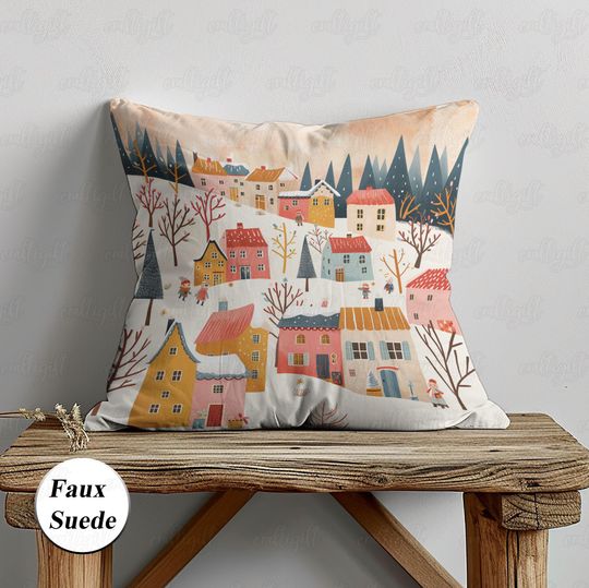 Discover Scandinavian Winter Holidays Pillow, Christmas Village Pillow Case, Cute Countryside Rustic Xmas Pillow, Christmas Living Room Decor, MYI997