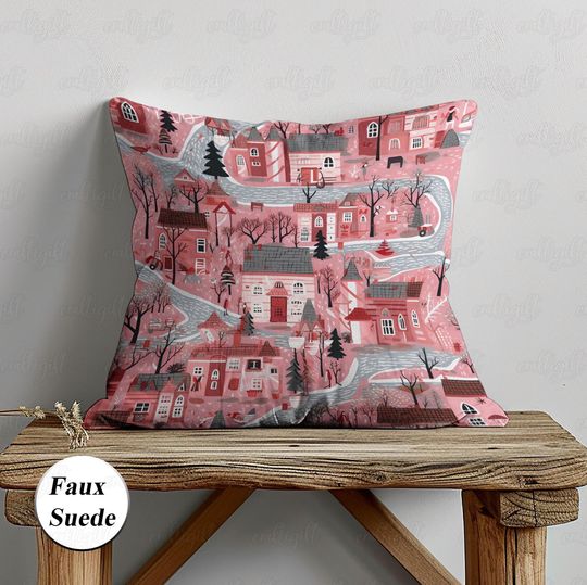 Pink Village Winter Vintage Pillow, Pink Christmas Landscape Pillow, Cozy Winter Wonderland Pillow, Pink Holiday Sofa Pillow Decor, MYI992