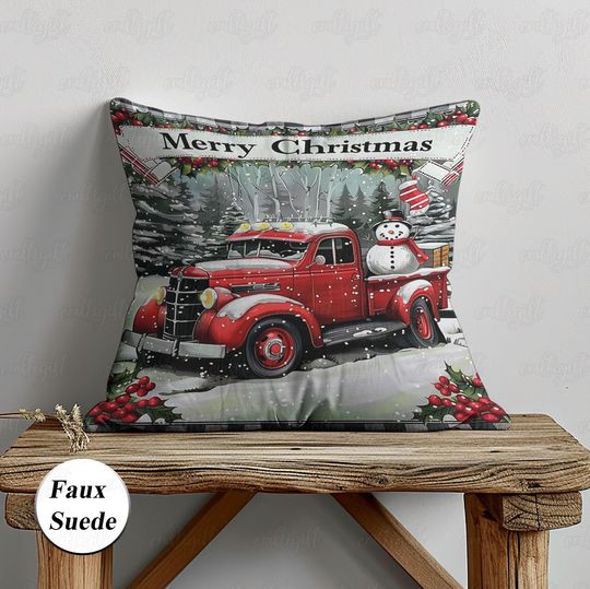 Discover Snowman Red Truck Christmas Pillow, Merry Christmas Pillowcase, Holly Xmas Tree Cushion Cover, Winter Pine Forest Pillow Couch Decor, MYI998