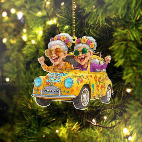 Custom Bestfriends Name Ornament, Funny Old Ladies in Car Ornament, Personalized Friendship Christmas Gift, Gift for Lifelong Friends