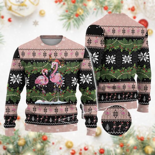 Discover Christmas Flamingo Ugly Sweater with Bird Lights and Santa Hat,Pink Flamingo Bird Sweater, Cosplay Christmas Shirt
