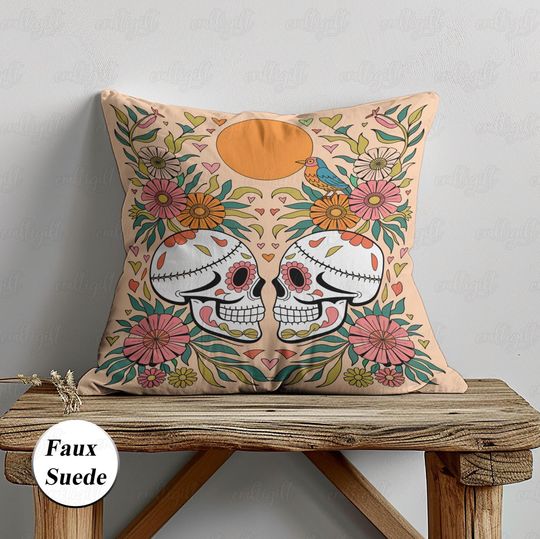 Discover Marigold Sugar Skull Couple Pillow, Dia De Los Muertos Pillow, Earthtone Day Of Dead Cushion Cover, Mexican Halloween Fiesta Decor, MYI965