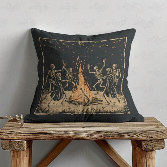 Whimsical Dancing Skeletons Woven Pillow, Gothic Skeletons Skull Pillow, Cottagecore Autumn Harvest Season Pillow, Moonlit Night Pillow Case