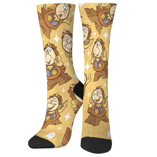 Discover Disney Novelty Beauty and the Beast Cogsworth Compression Socks Gold Vintage Clock Print Unisex Soft Comfortable Fairy Tale Gift