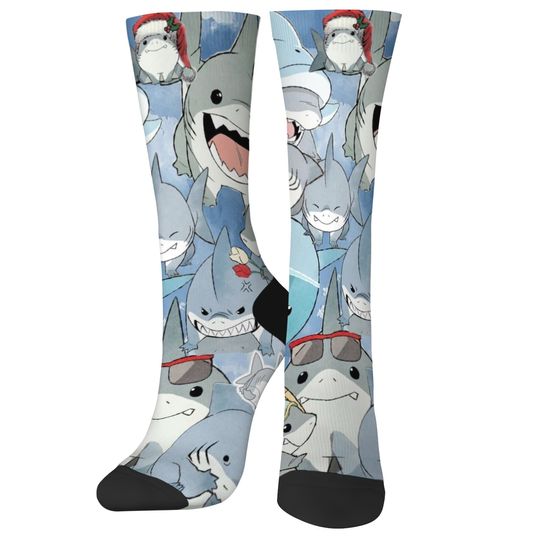 Discover Novelty Cute shark Christmas theme socks | Cute print, matching hat and sunglasses style | Fun holiday gift for ocean lovers