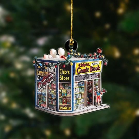 Discover Custom Name 2D Shop Christmas Decoration, Personalized Comic Book Store Ornament, 2D Flat Superhero Gift